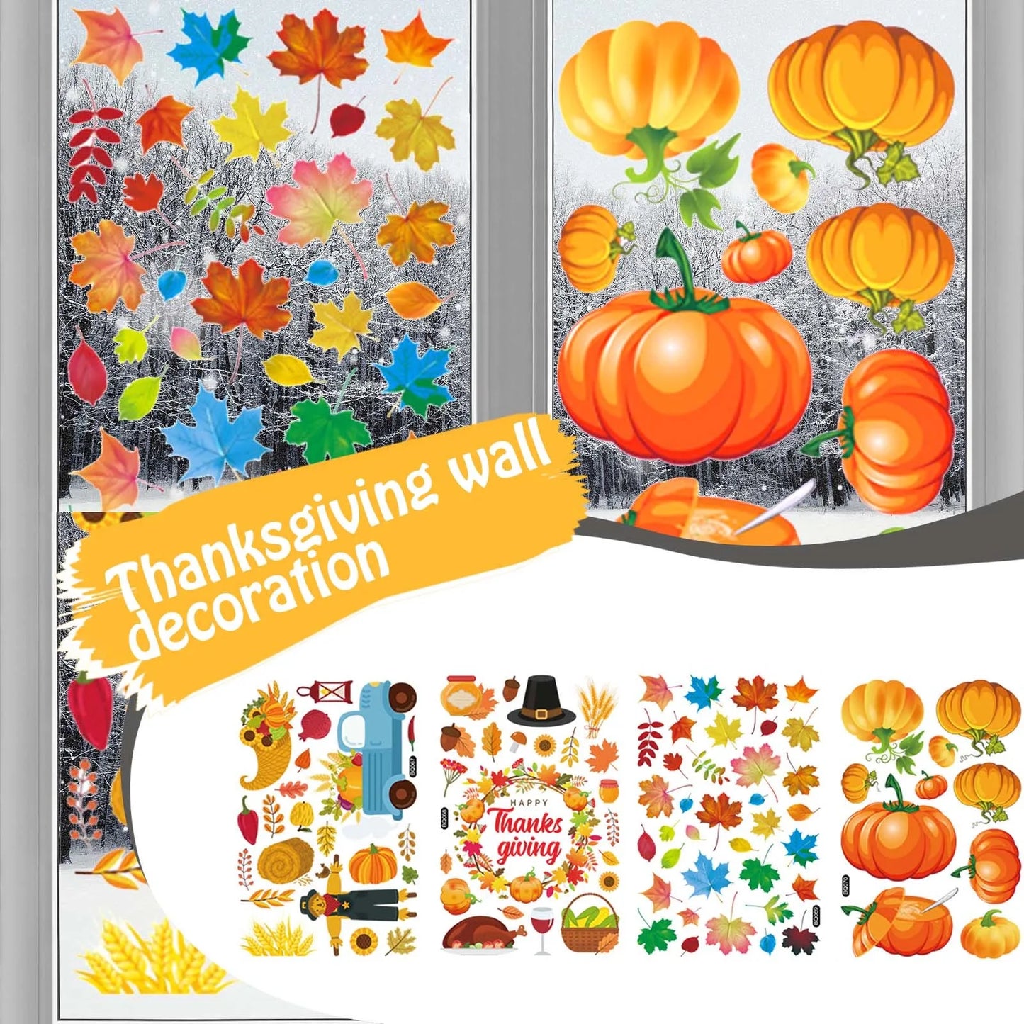 Thanksgiving Window Stickers Glass Decoration Maple Leaf Decals Thanksgiving Turkey Pumpkin Maple Leaf Autumn Wall Stickers