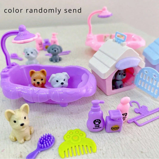 Cute Dog Pet Basket Family Toys Dog Doll Set Cage Toys Scene Playing Toys Christmas Decoration Thanksgiving Gifts color randomly