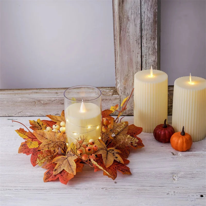 1pc Artifical Maple Leaf Candlestick Wreath Autumn Harvest Festival Thanksgiving Halloween Party Desktop Decoration Ornaments