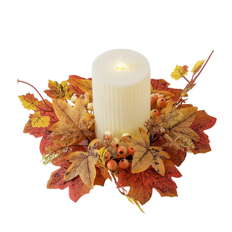 1pc Artifical Maple Leaf Candlestick Wreath Autumn Harvest Festival Thanksgiving Halloween Party Desktop Decoration Ornaments