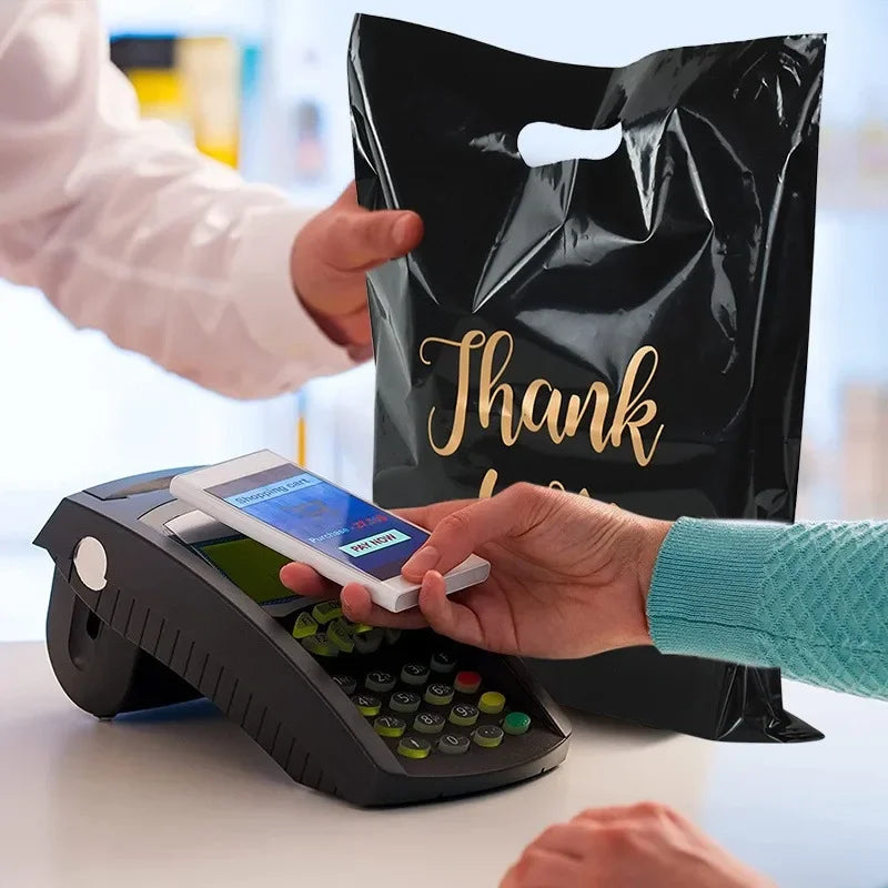 10/50/100PCS Thank You Bag Black Plastic Handheld Gift Bag Birthday Wedding Party Thanksgiving Christmas Gift Packaging