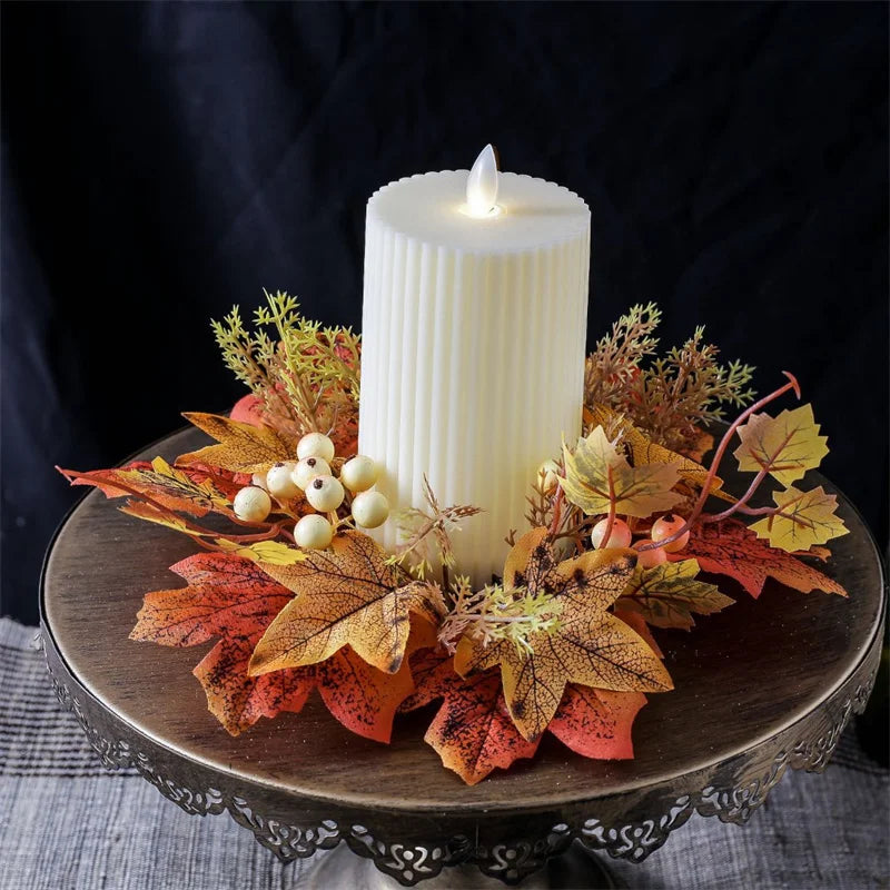 1pc Artifical Maple Leaf Candlestick Wreath Autumn Harvest Festival Thanksgiving Halloween Party Desktop Decoration Ornaments