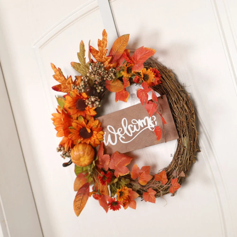 Fall Wreath Artificial Maple Leaf Pumpkin Sunflower Wreath For Front Door Halloween Thanksgiving Hanging Garland Home Decor ﻿