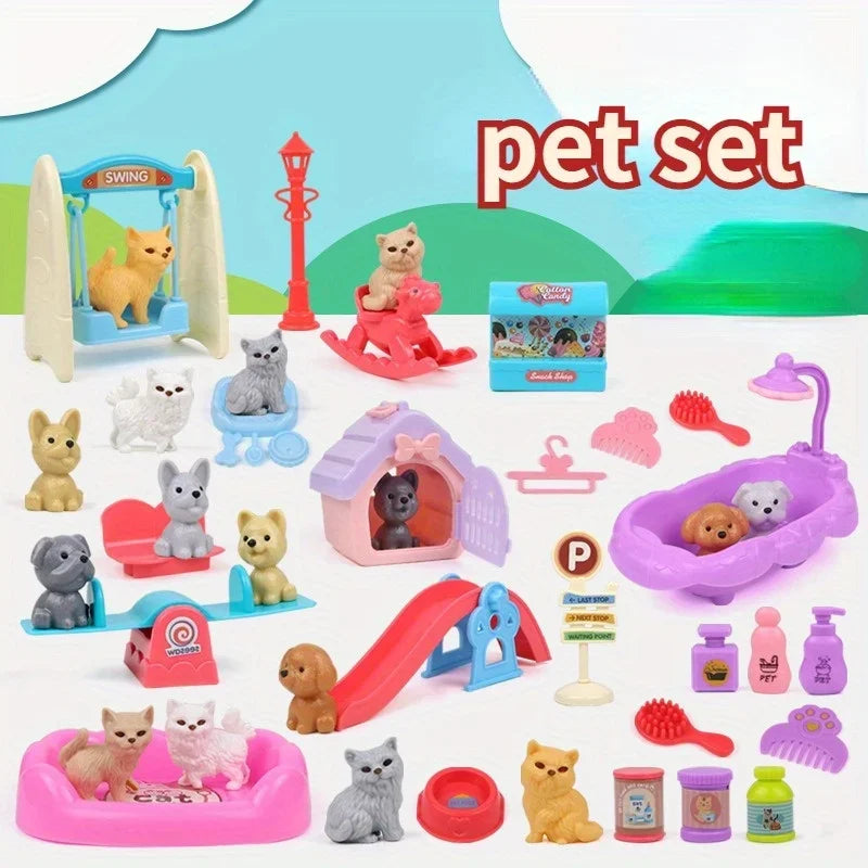 Cute Dog Pet Basket Family Toys Dog Doll Set Dog Cage Toys Scene Playing Toys Christmas Decoration and Thanksgiving Gifts