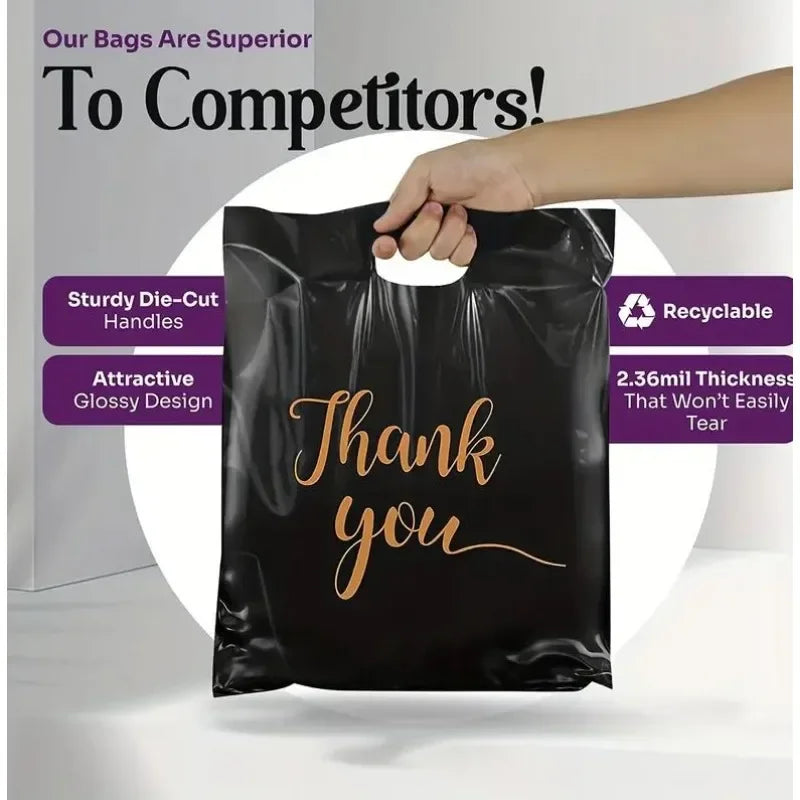 10/50/100PCS Thank You Bag Black Plastic Handheld Gift Bag Birthday Wedding Party Thanksgiving Christmas Gift Packaging