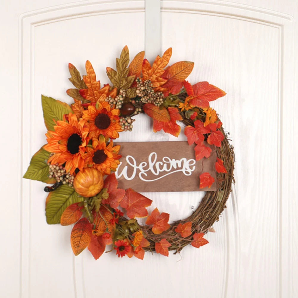 Fall Wreath Artificial Maple Leaf Pumpkin Sunflower Wreath For Front Door Halloween Thanksgiving Hanging Garland Home Decor ﻿