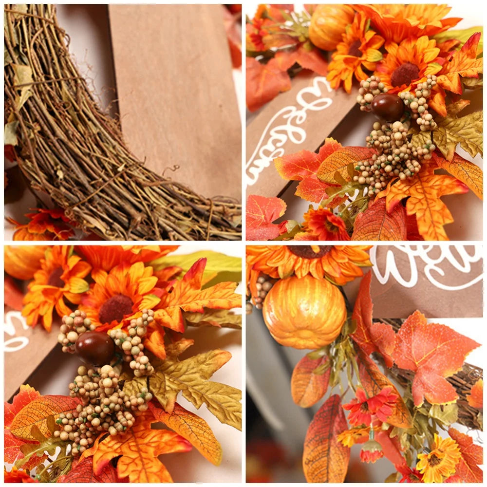 Fall Wreath Artificial Maple Leaf Pumpkin Sunflower Wreath For Front Door Halloween Thanksgiving Hanging Garland Home Decor ﻿