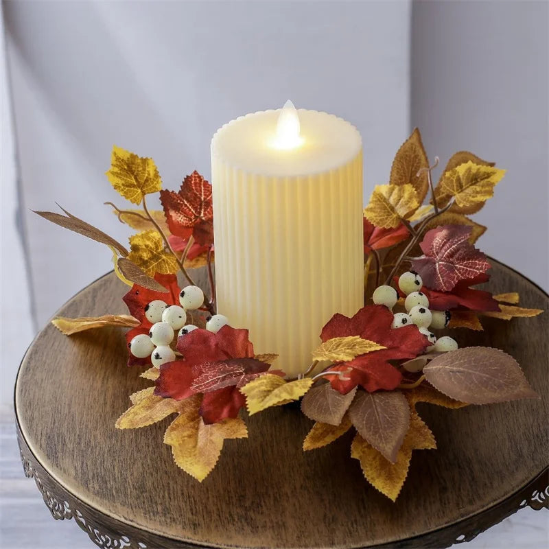 1pc Artifical Maple Leaf Candlestick Wreath Autumn Harvest Festival Thanksgiving Halloween Party Desktop Decoration Ornaments