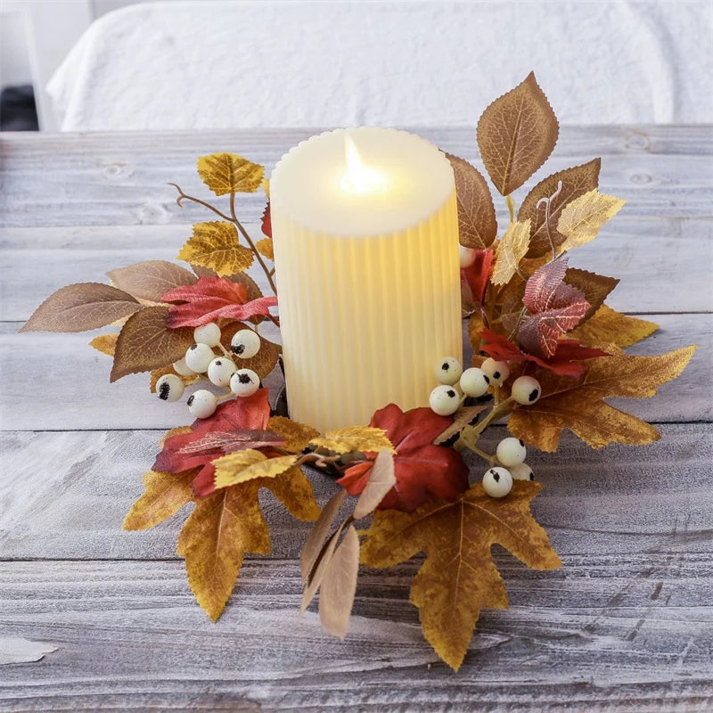 1pc Artifical Maple Leaf Candlestick Wreath Autumn Harvest Festival Thanksgiving Halloween Party Desktop Decoration Ornaments