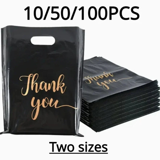 10/50/100PCS Thank You Bag Black Plastic Handheld Gift Bag Birthday Wedding Party Thanksgiving Christmas Gift Packaging