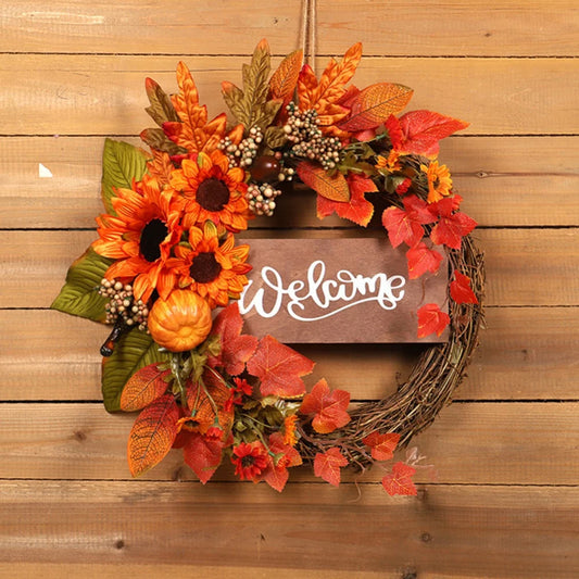 Fall Wreath Artificial Maple Leaf Pumpkin Sunflower Wreath For Front Door Halloween Thanksgiving Hanging Garland Home Decor ﻿